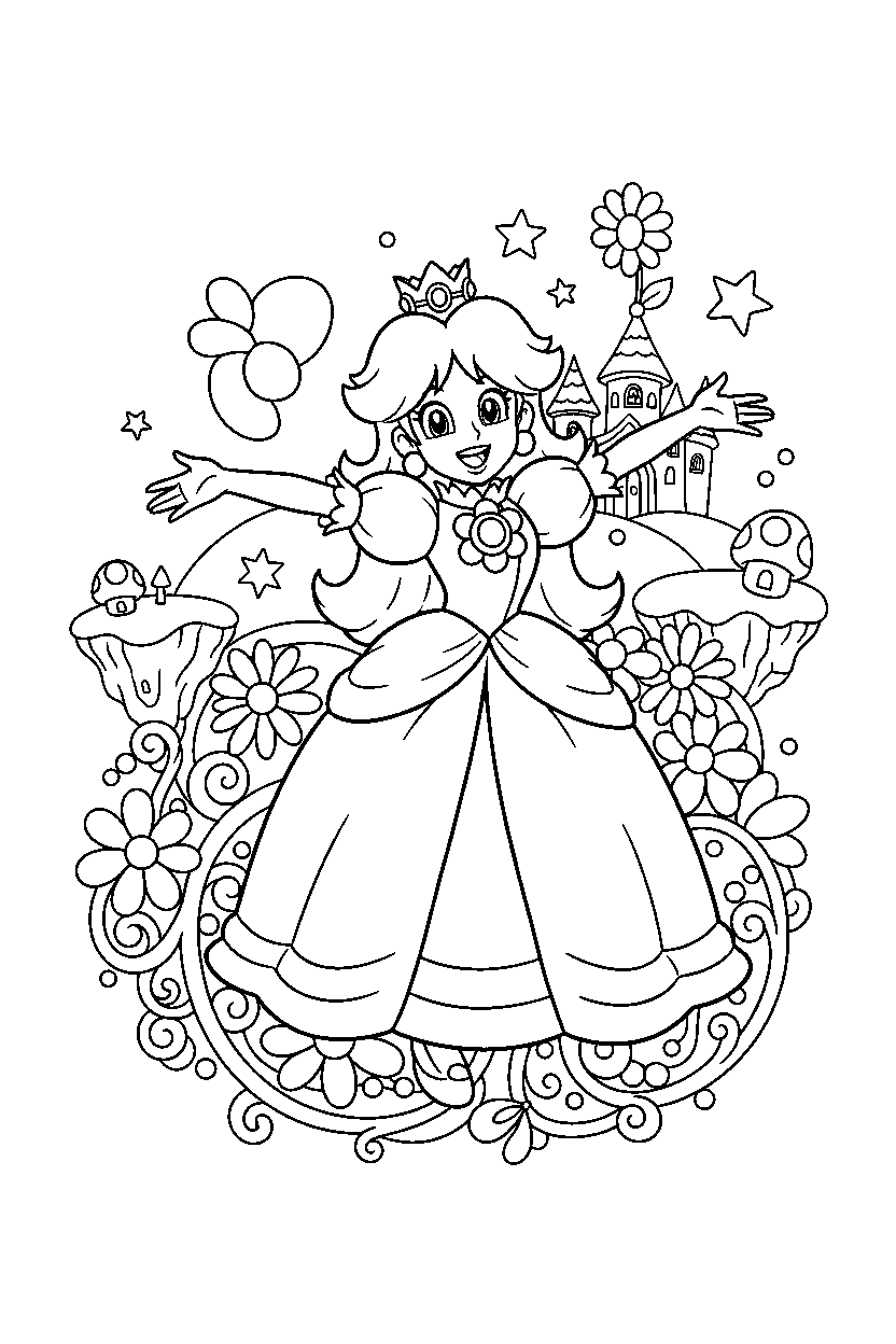 princess daisy looking happy in a magical world line art
