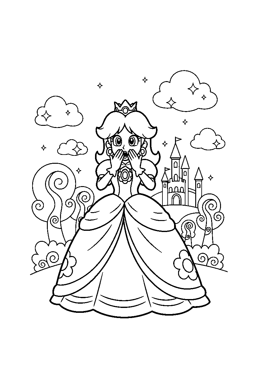 princess daisy looking surprised in a magical world line art