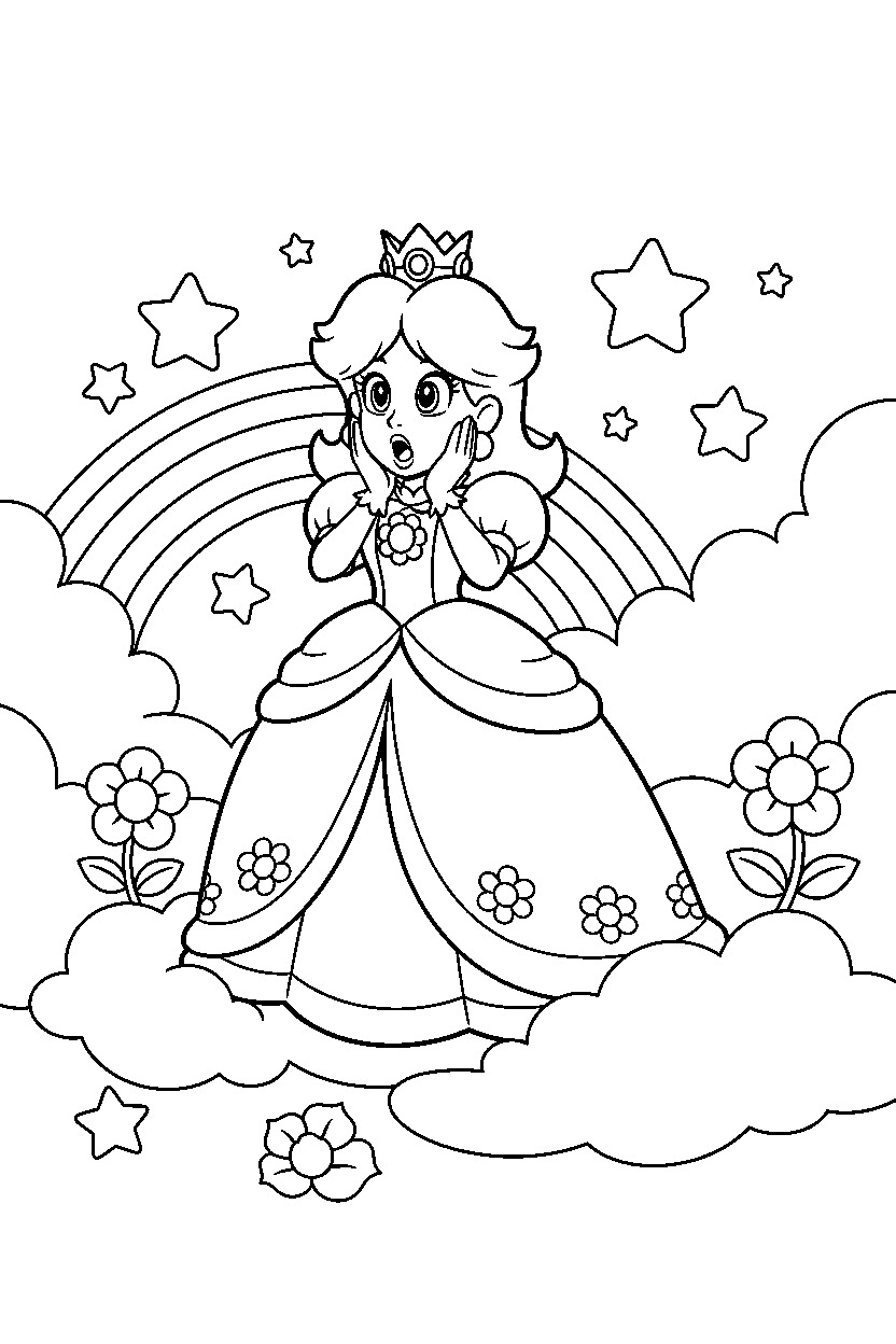 princess daisy looking surprised in a sky level line art