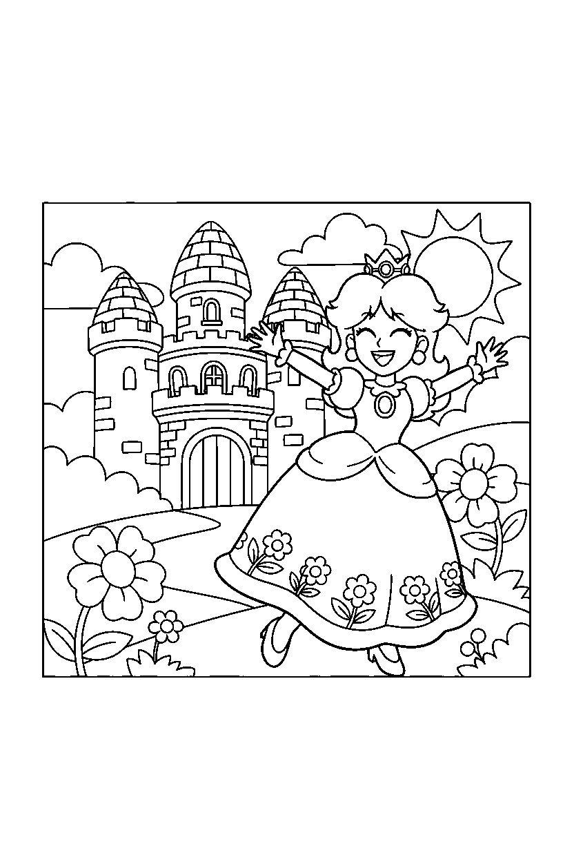 princess daisy playing happily near a fortress line art