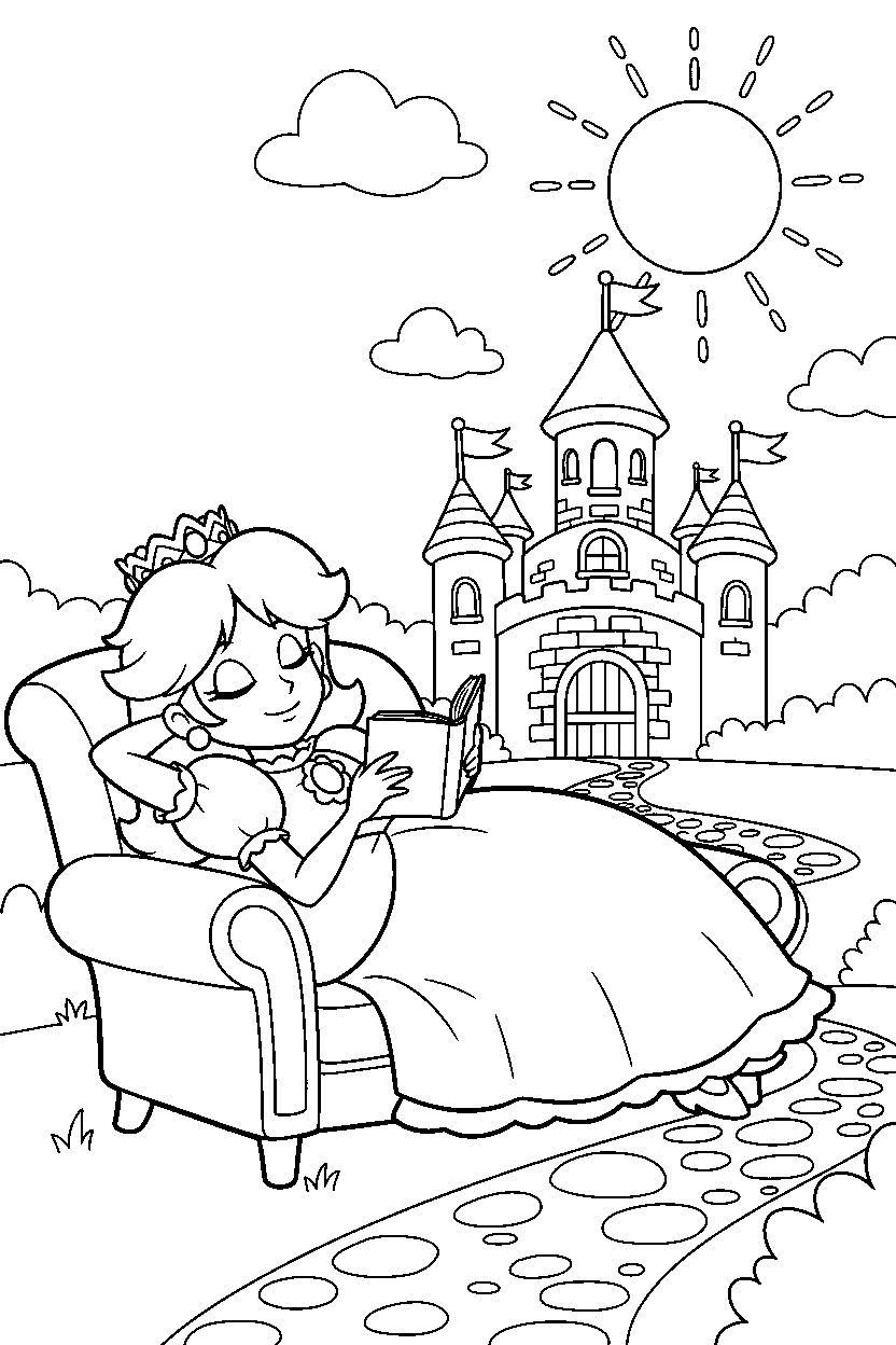princess daisy relaxing peacefully near a castle line art