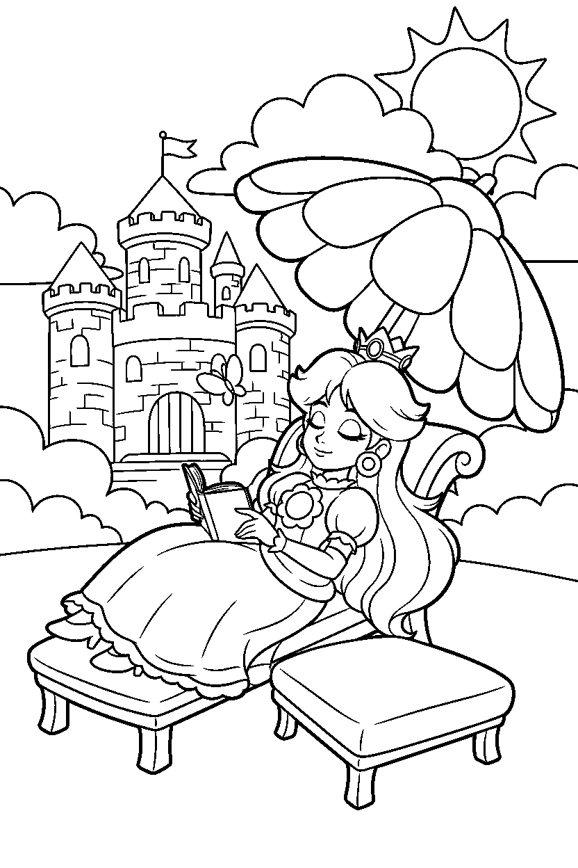 princess daisy relaxing peacefully near a fortress line art