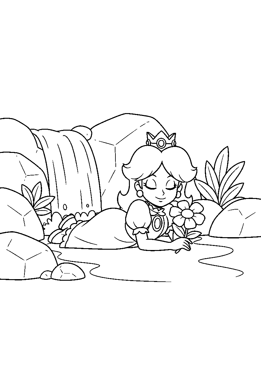 princess daisy relaxing peacefully near a waterfall line art