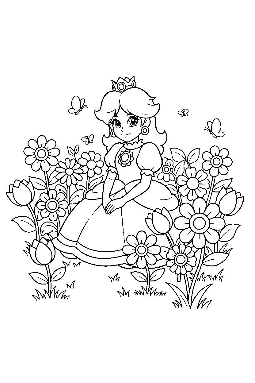 princess daisy sitting peacefully in a flower field line art