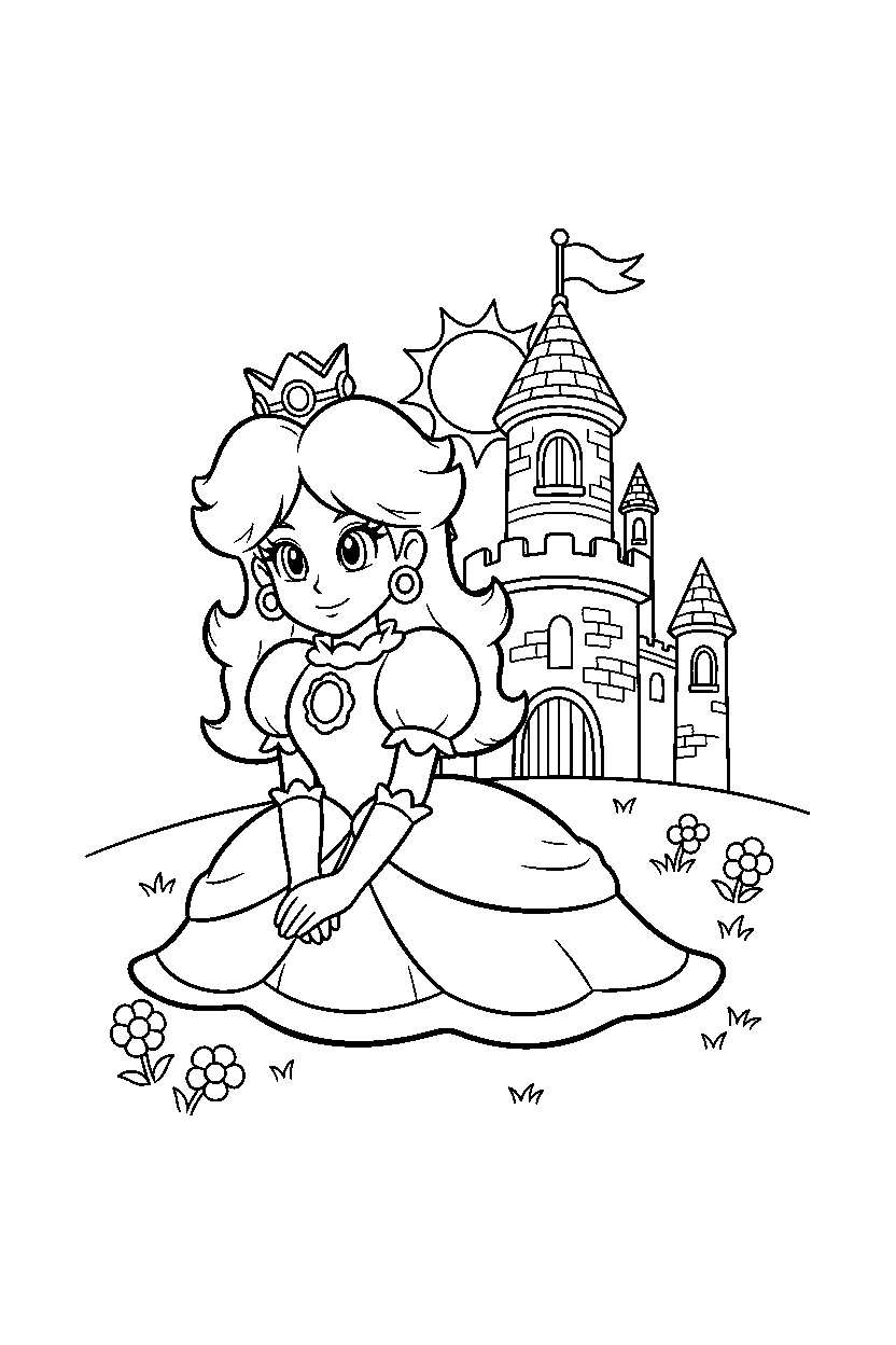 princess daisy sitting peacefully near a castle line art