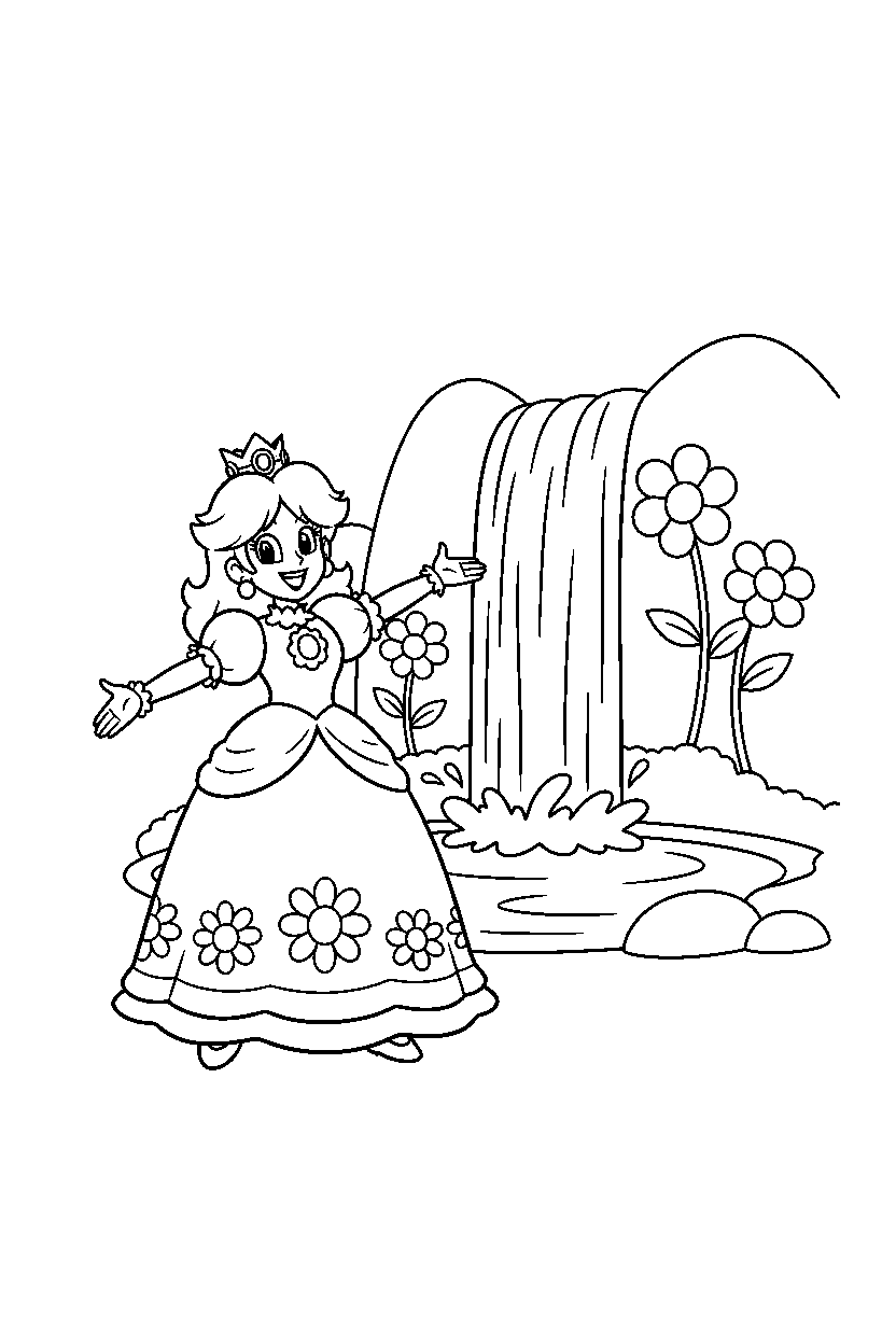 princess daisy smiling happily near a waterfall line art