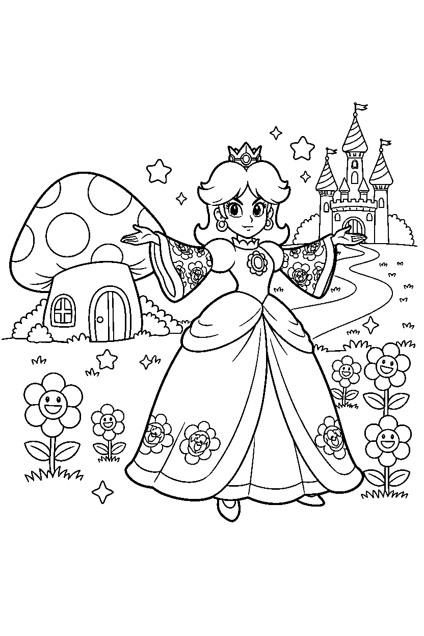 princess daisy standing bravely in a magical world line art
