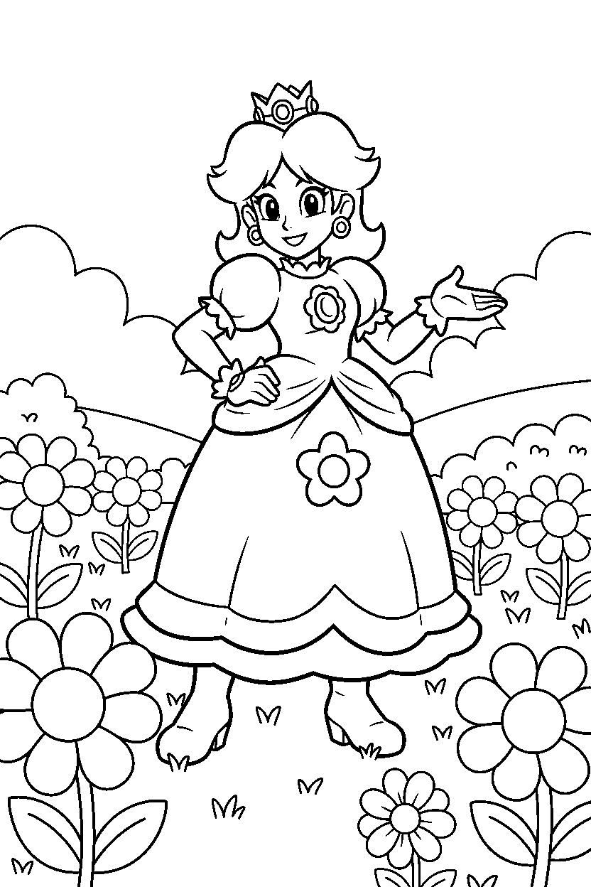 princess daisy standing proudly in a flower field line art
