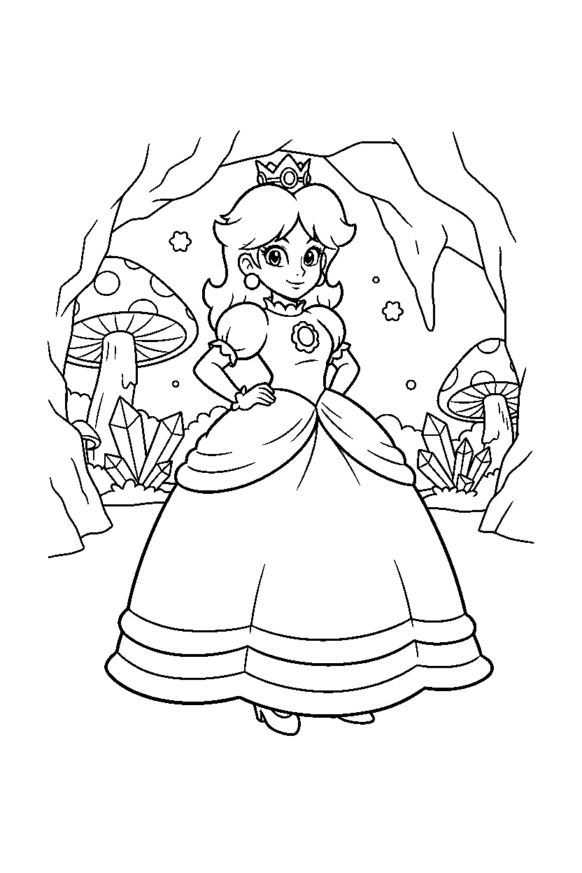 princess daisy standing proudly in a hidden cave line art