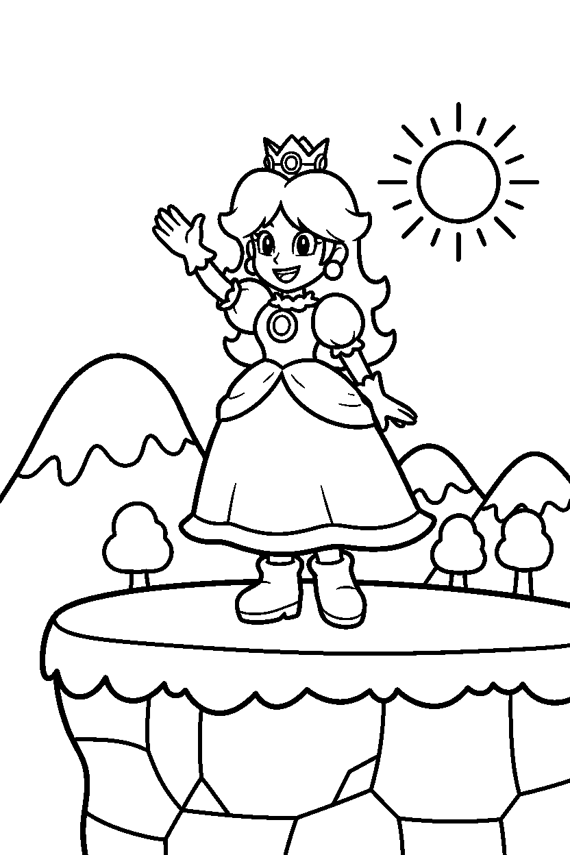 princess daisy waving happily on a mountain level line art