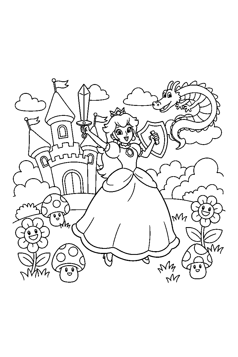 princess peach celebrating adventure in a fantasy land line art