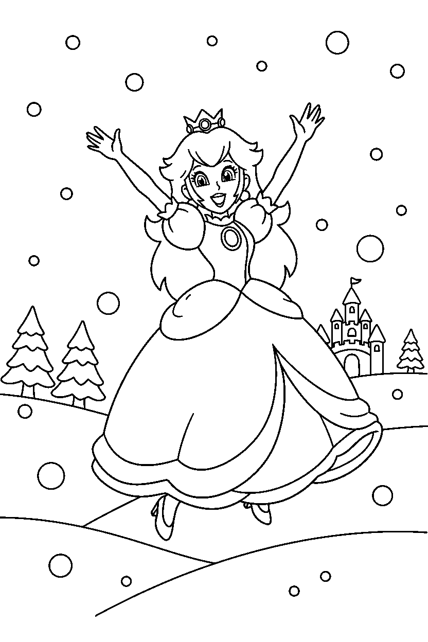 princess peach celebrating happily in a snowy level line art