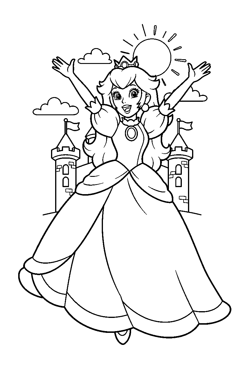 princess peach celebrating happily near a fortress line art