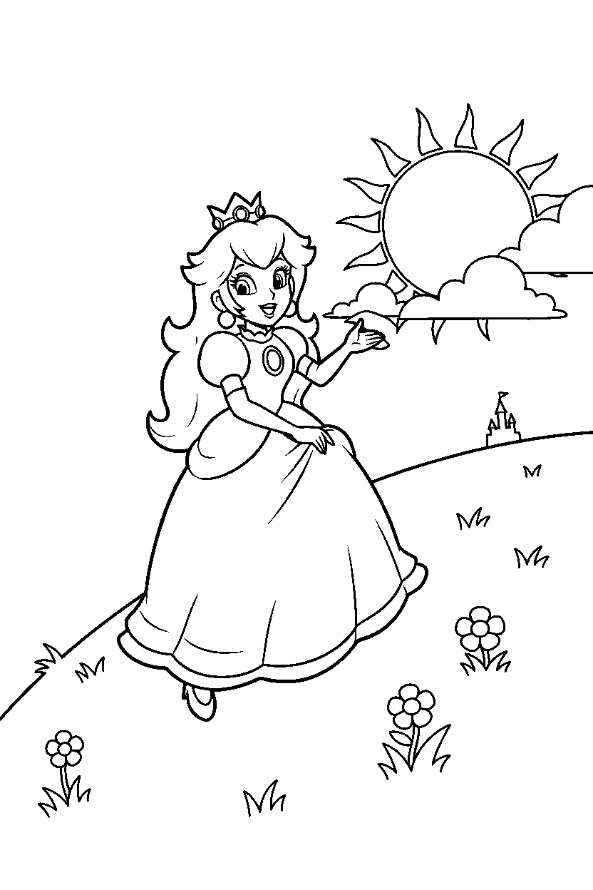 princess peach climbing happily on a sunny hill line art