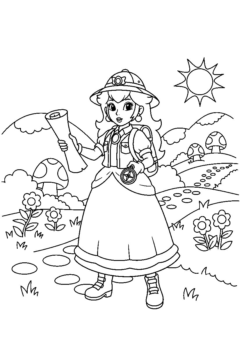 princess peach getting ready to explore in a grassy level line art