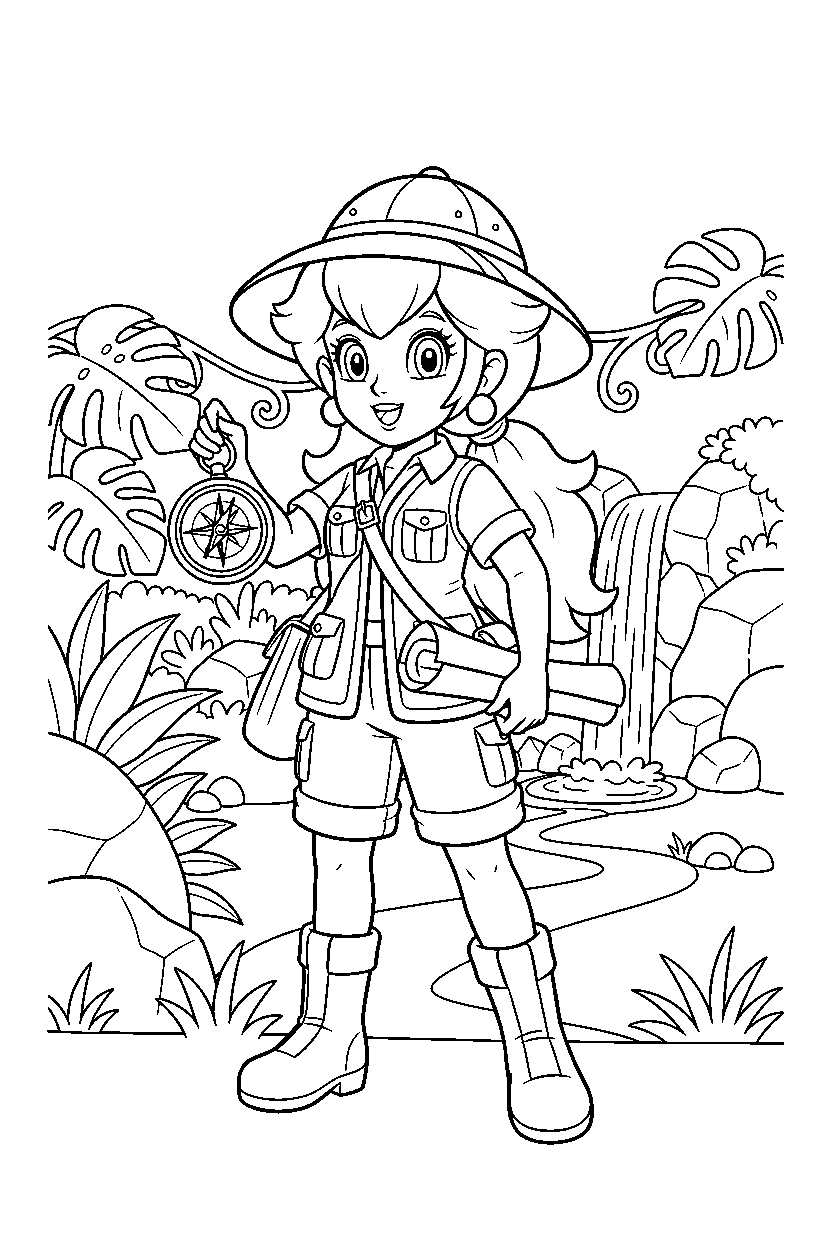 princess peach getting ready to explore in a jungle level line art