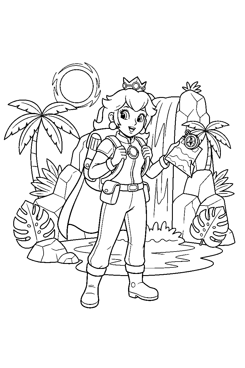 princess peach getting ready to explore near a waterfall line art
