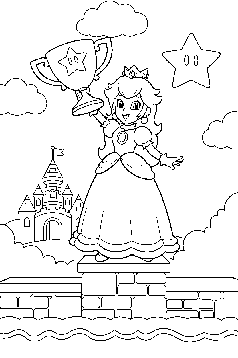 princess peach holding a trophy in front of a castle line art