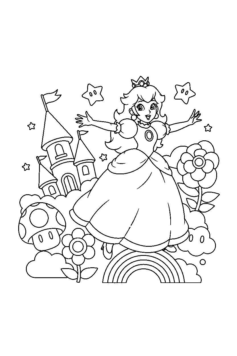 princess peach jumping happily in a colorful world line art