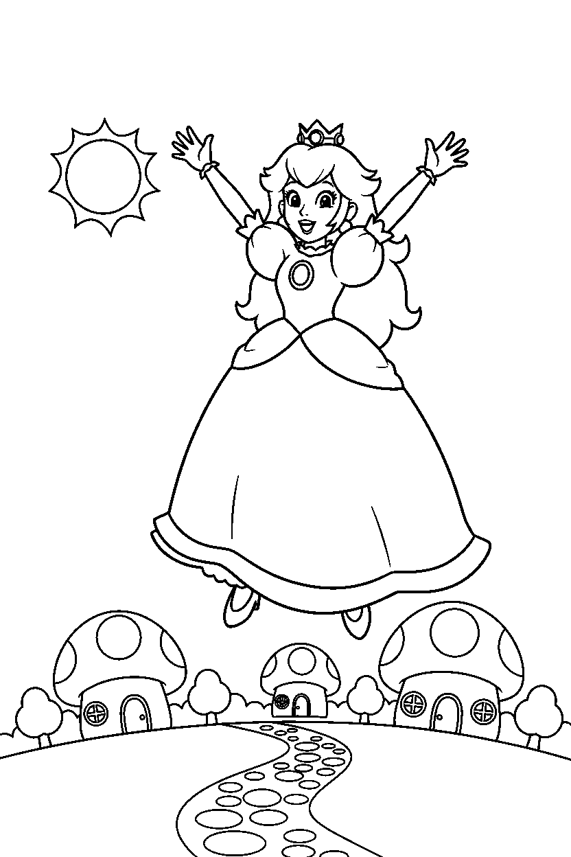 princess peach jumping with joy in a peaceful village line art