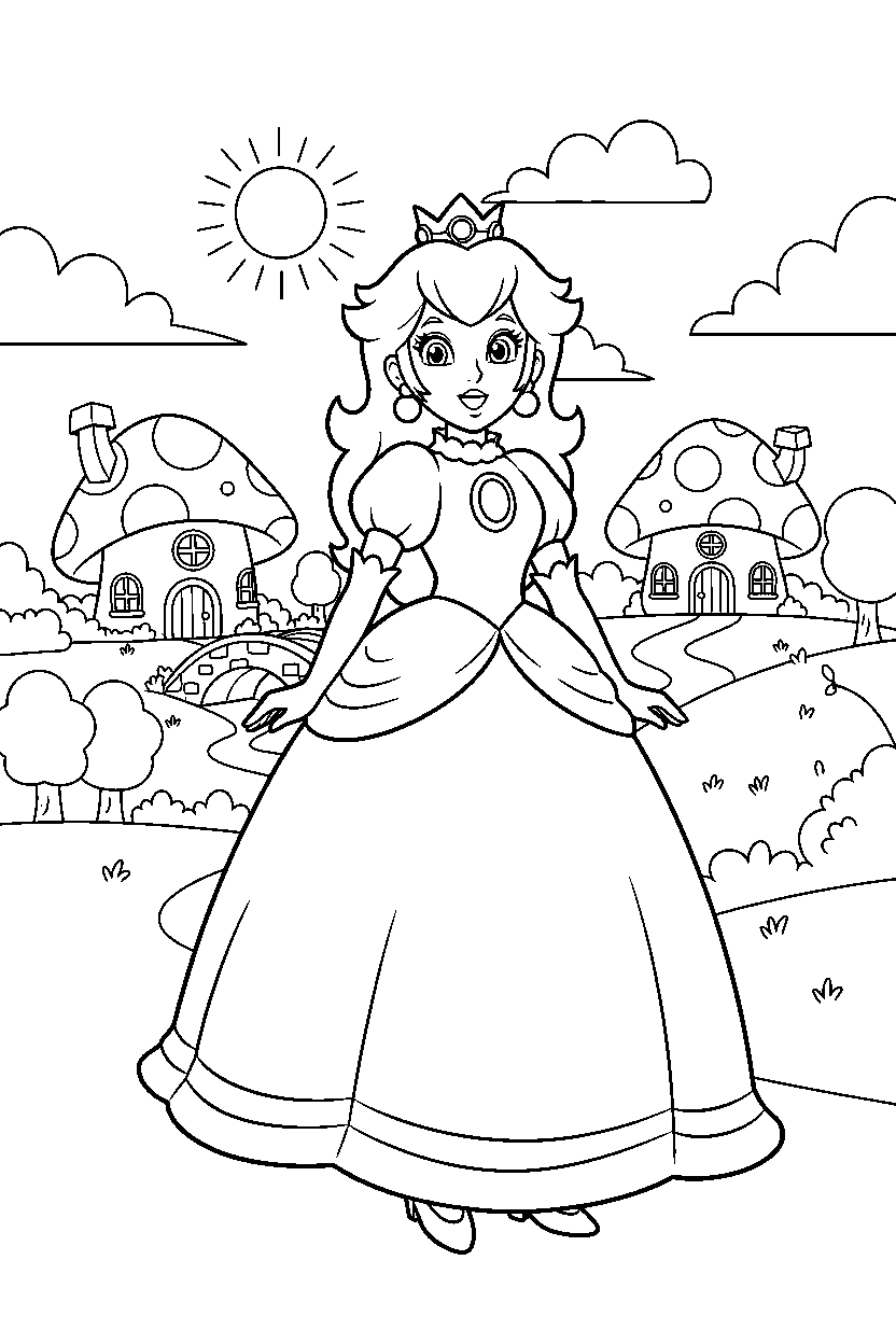 princess peach looking happy in a peaceful village line art