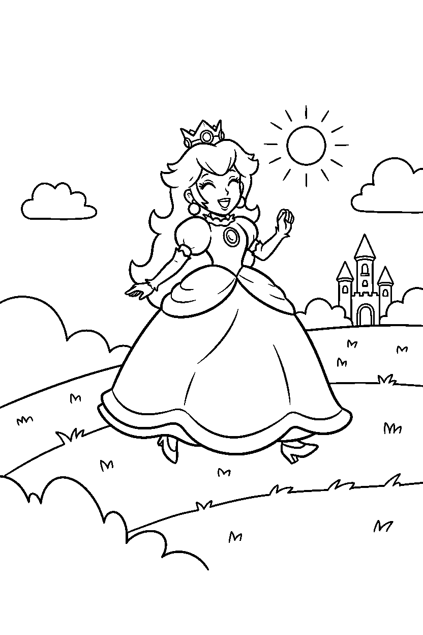 princess peach playing happily in a grassy level line art