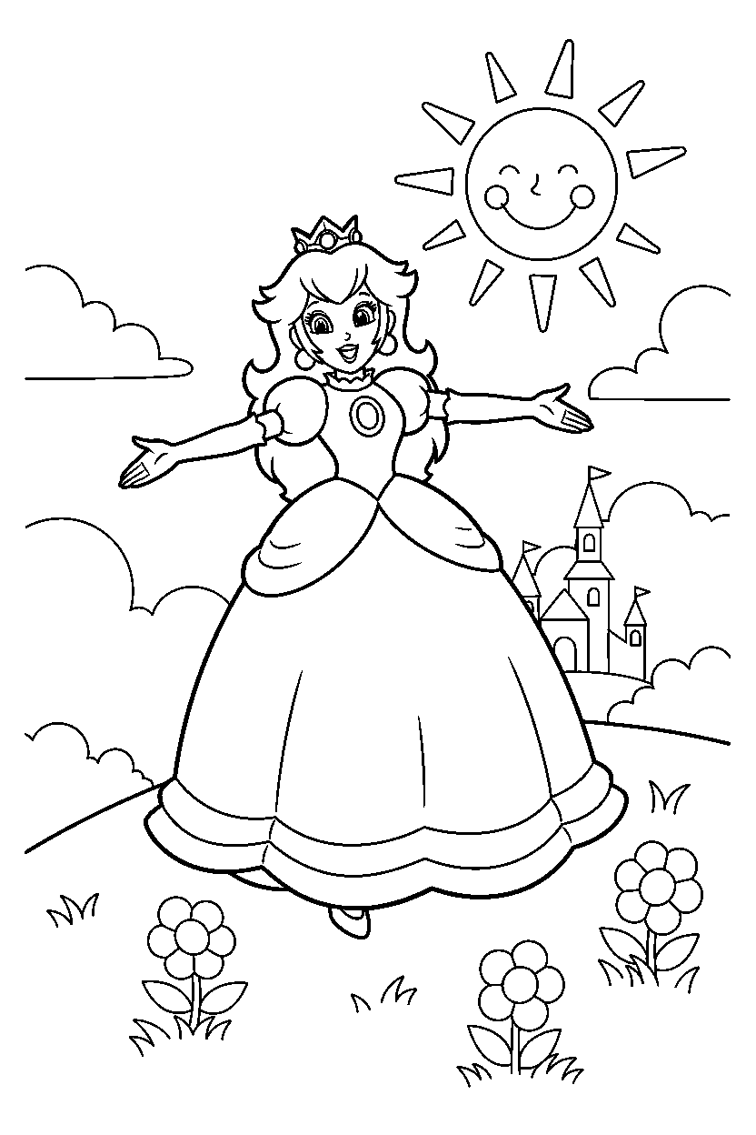 princess peach posing happily on a sunny hill line art