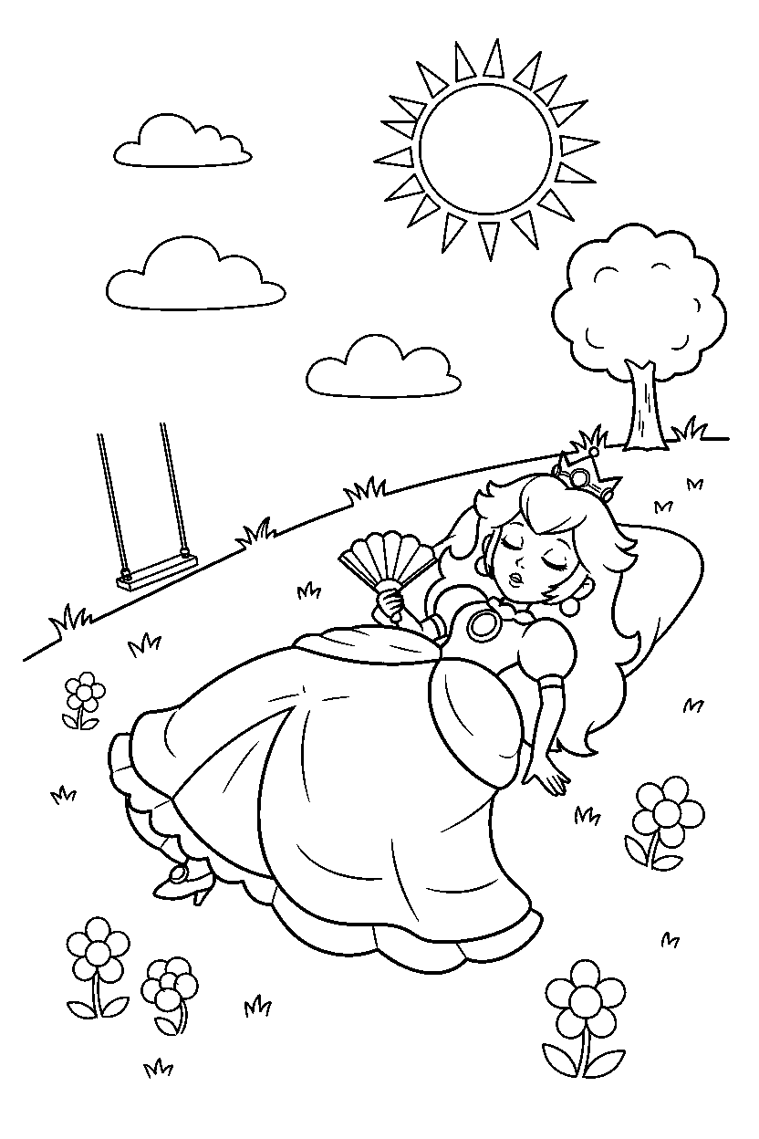 princess peach relaxing peacefully on a sunny hill line art