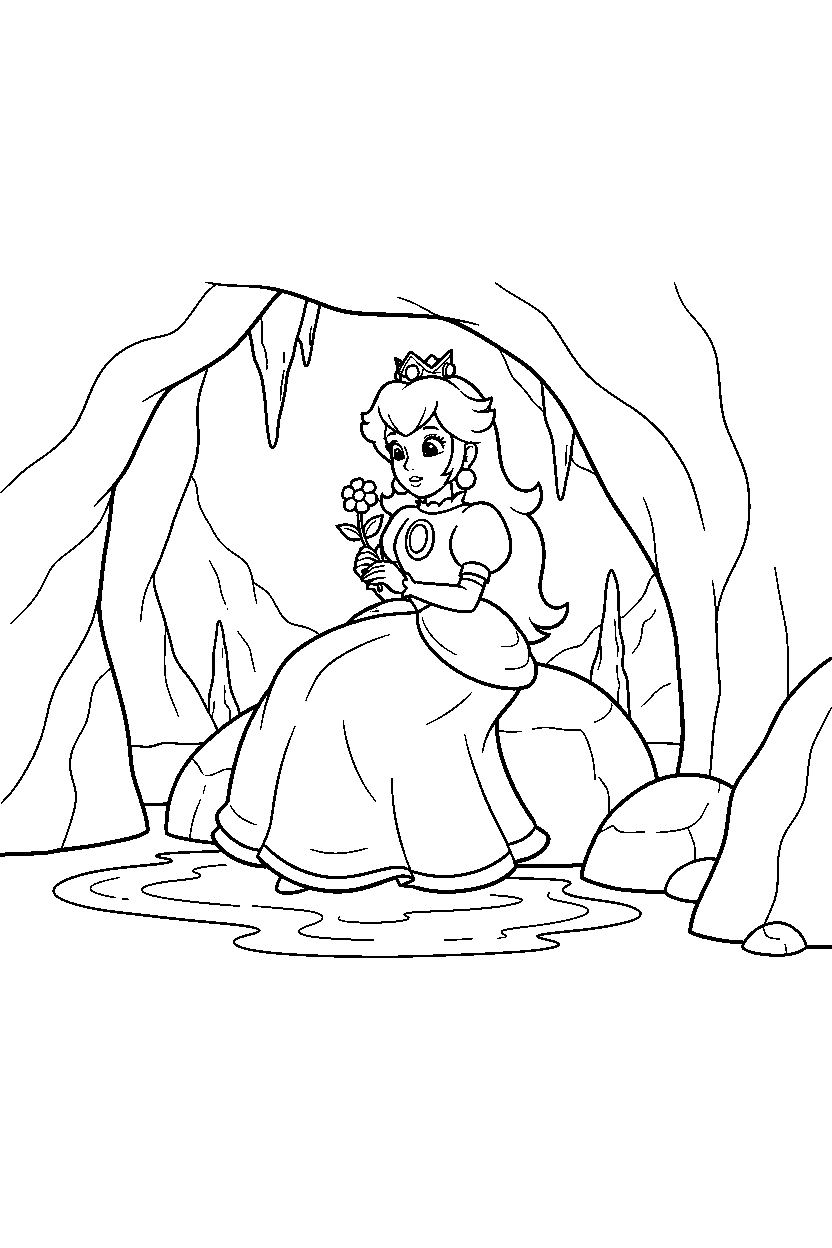 princess peach sitting peacefully in a hidden cave line art