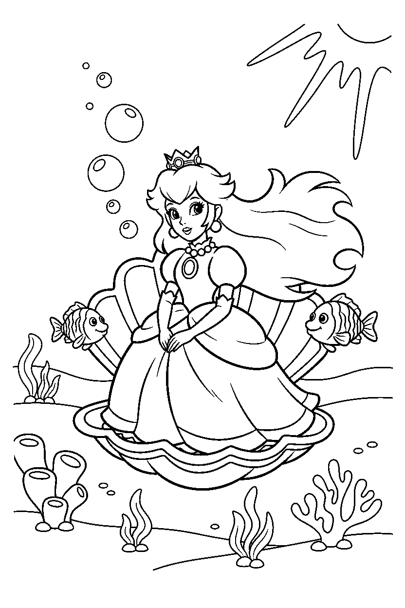 princess peach sitting peacefully underwater line art