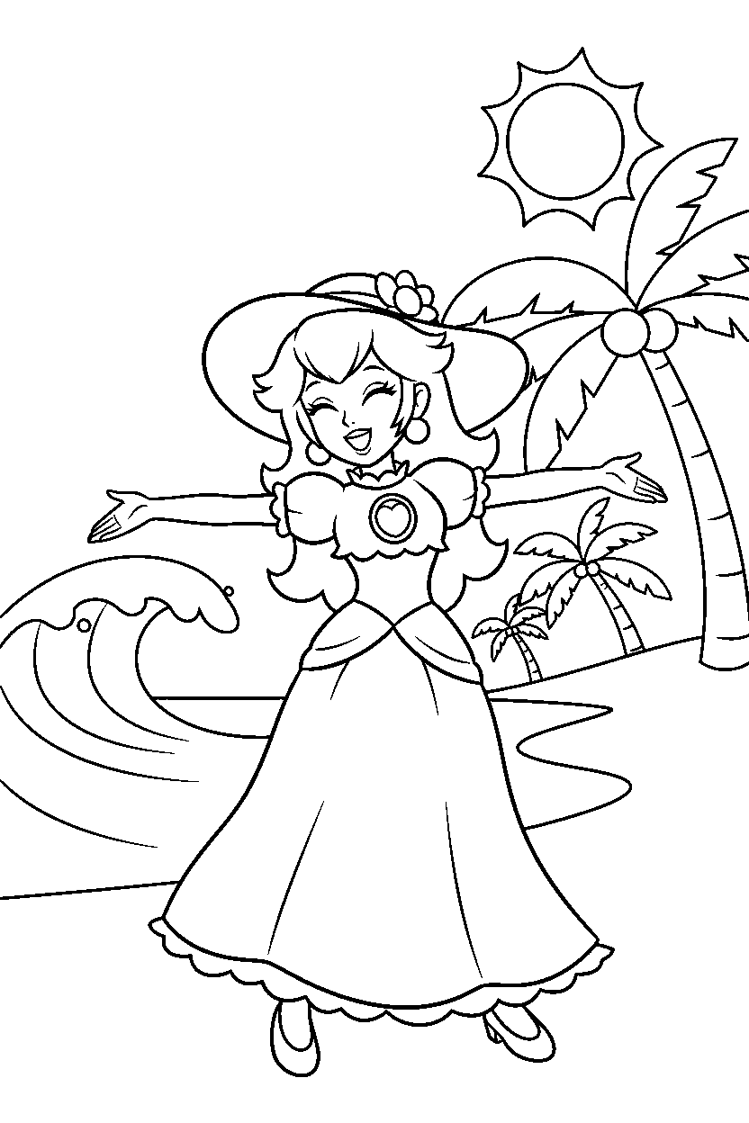 princess peach smiling happily in a beach level line art