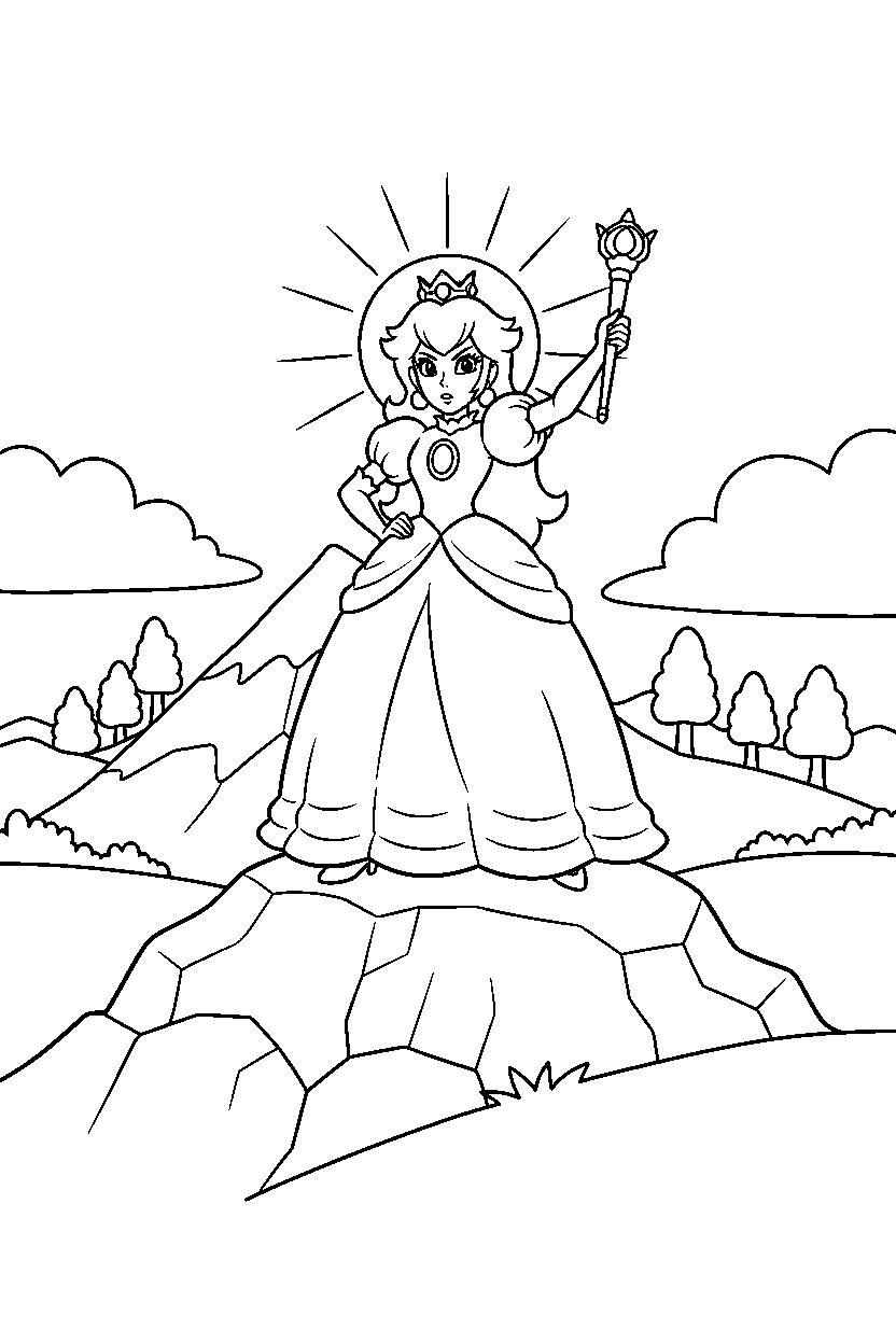 princess peach standing bravely on a mountain level line art