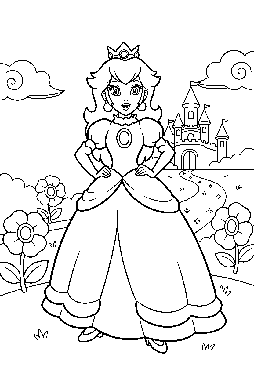 princess peach standing proudly in a magical world line art
