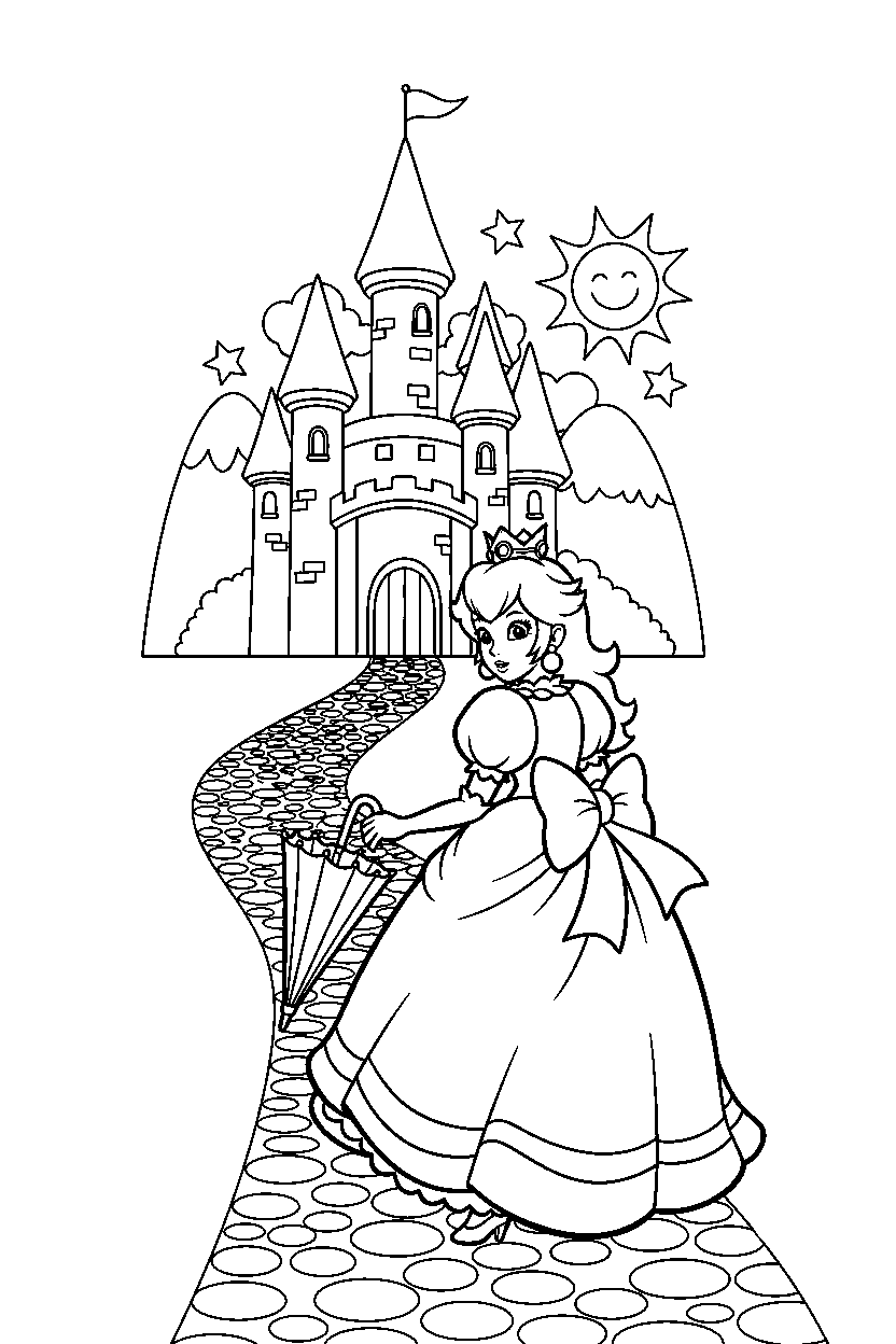princess peach walking carefully near a castle line art