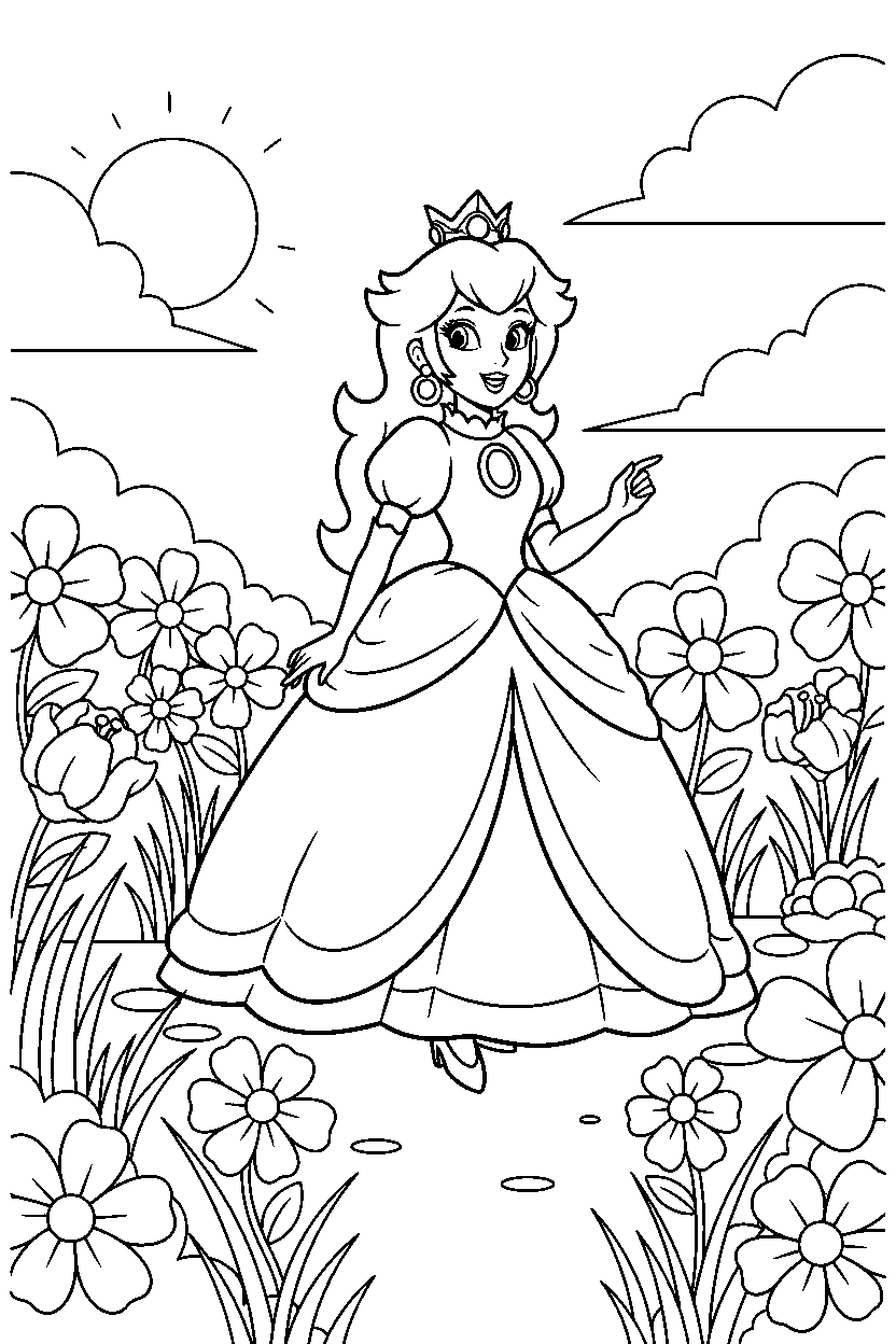 princess peach walking proudly in a flower field line art