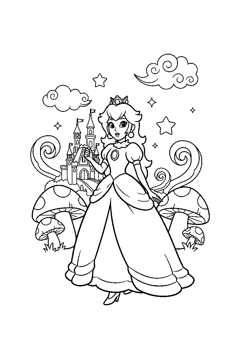princess peach walking proudly in a magical world line art