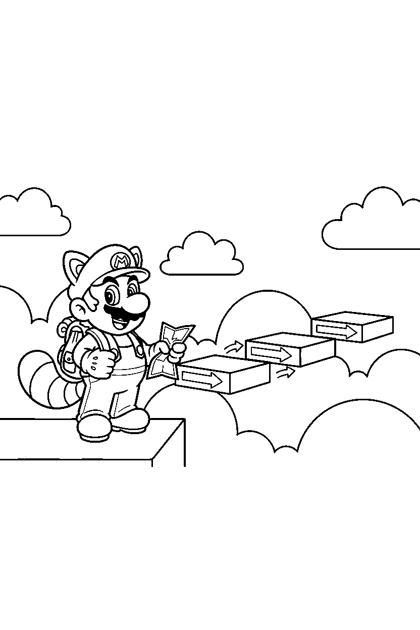 raccoon mario getting ready to explore near moving platforms line art