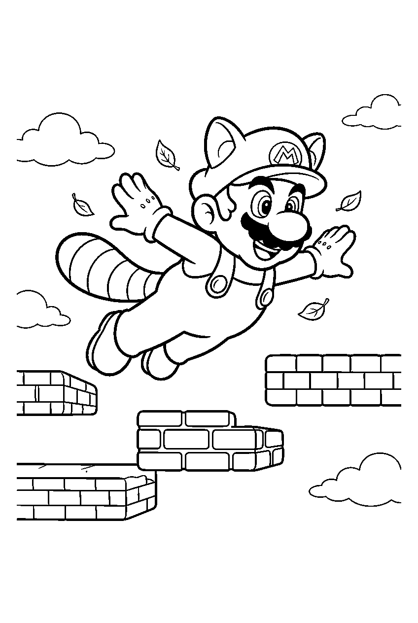 raccoon mario gliding over brick platforms in the sky line art
