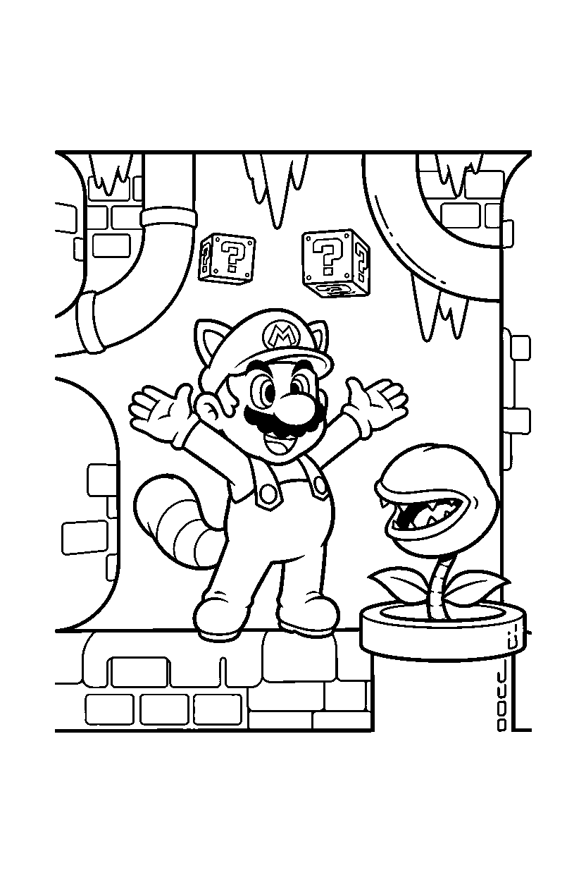 raccoon mario smiling in underground level line art