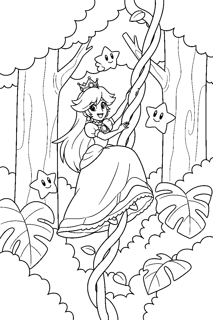 rosalina climbing happily in a jungle level line art