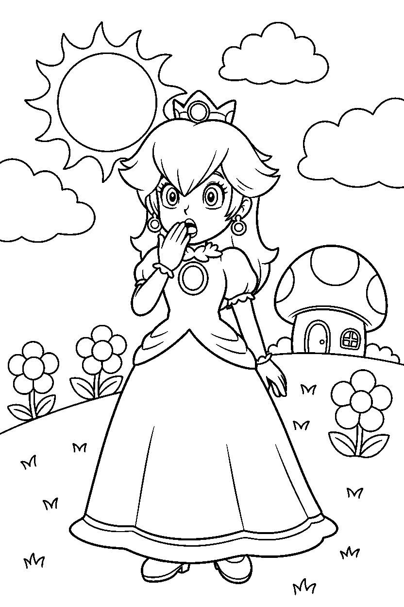 rosalina looking surprised on a sunny hill line art