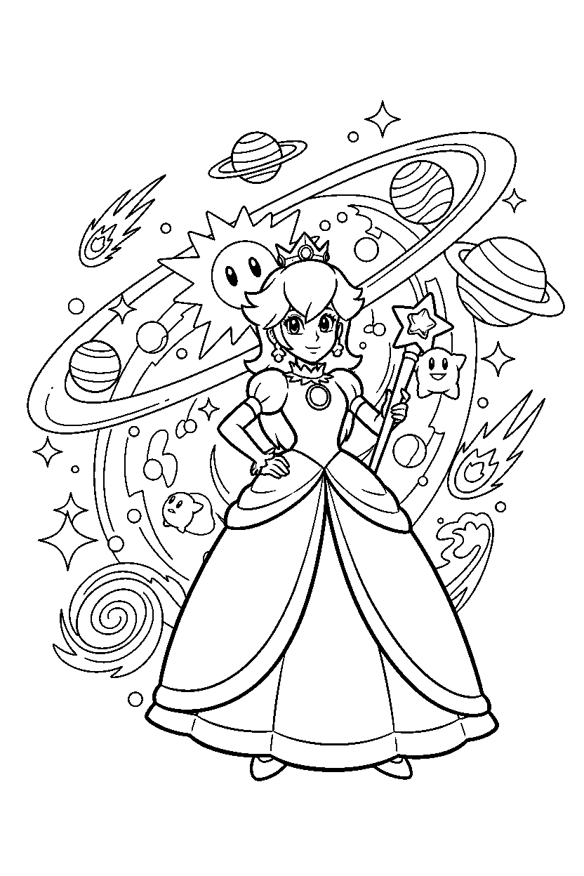rosalina posing proudly in a magical world line art