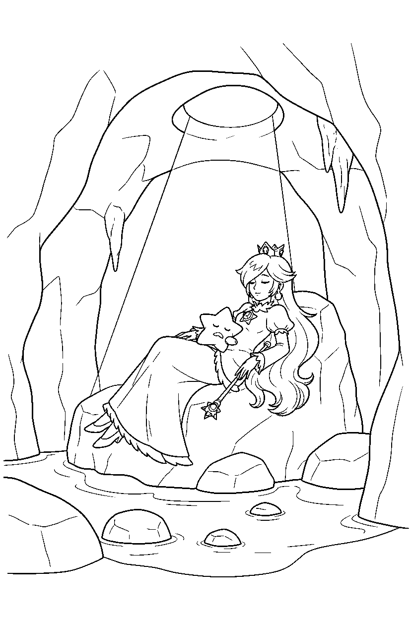 rosalina relaxing peacefully in a hidden cave line art