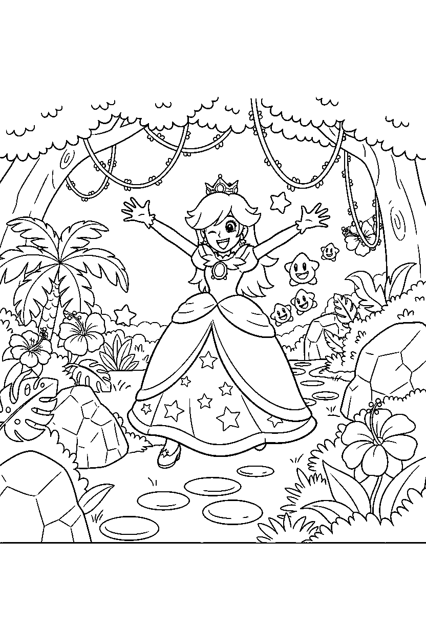 rosalina running happily in a jungle level line art