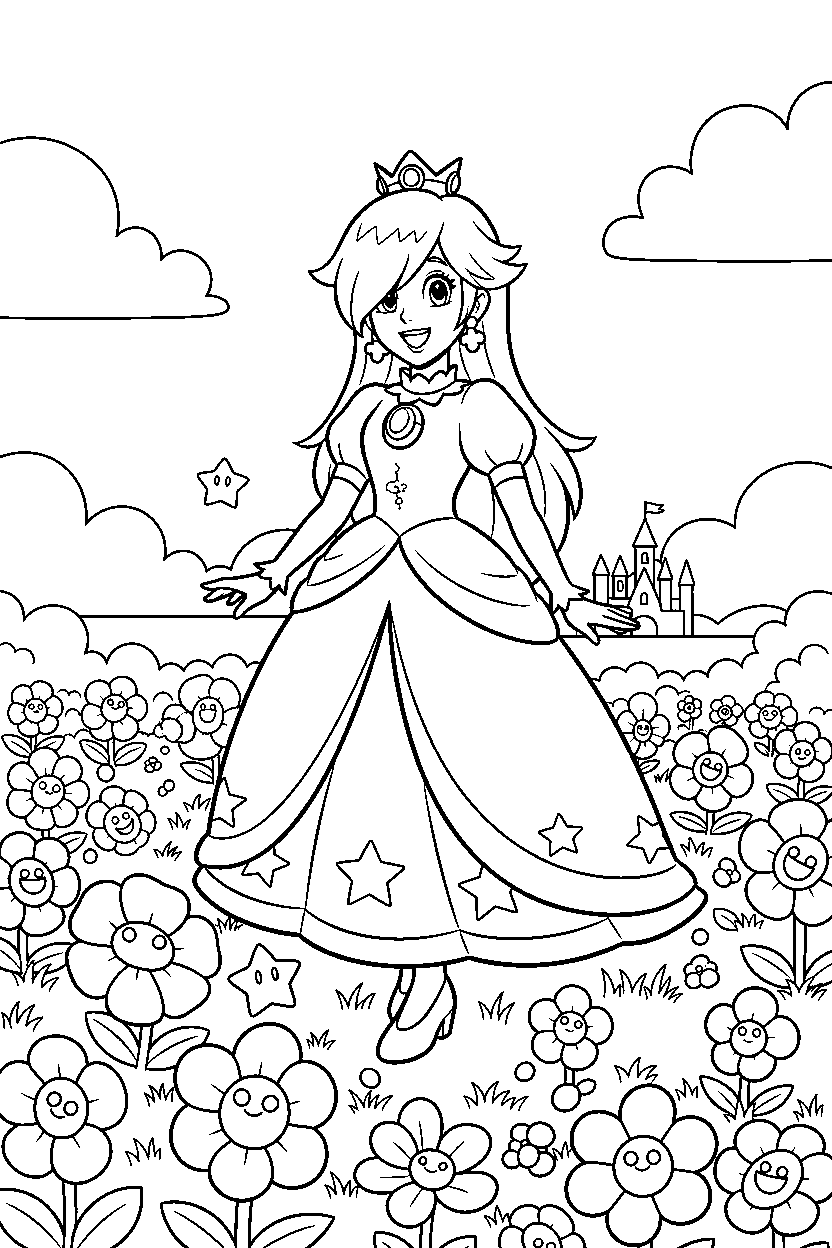 rosalina smiling happily in a flower field line art