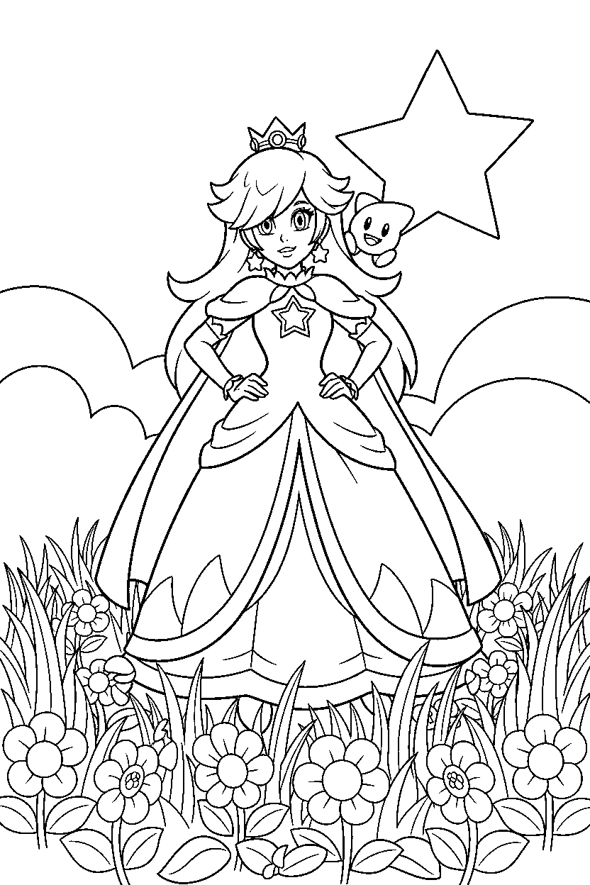 rosalina standing bravely in a flower field line art