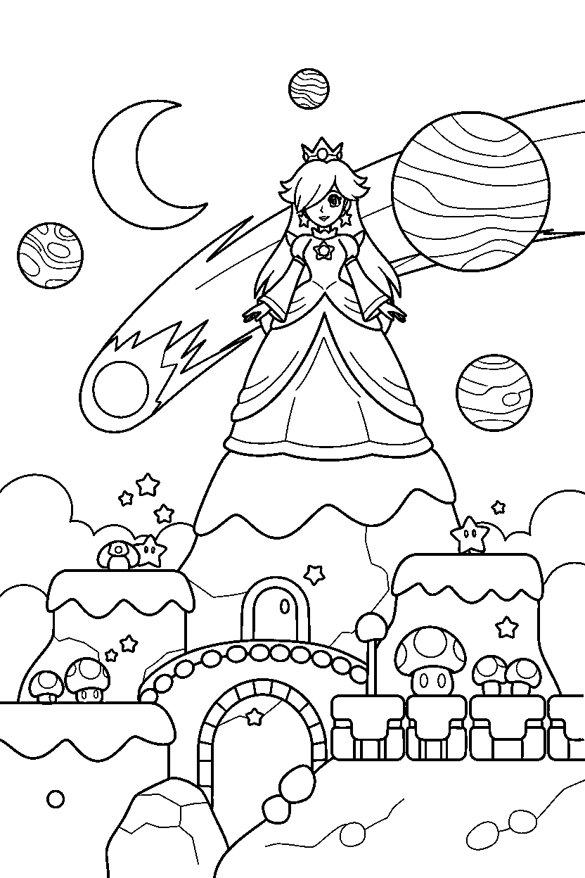 rosalina standing proudly on a mountain level line art
