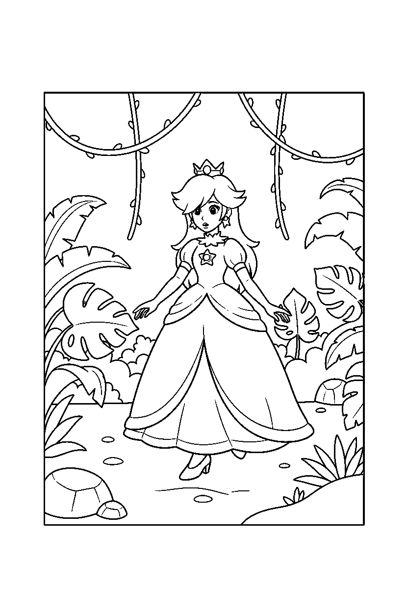 rosalina walking carefully in a jungle level line art