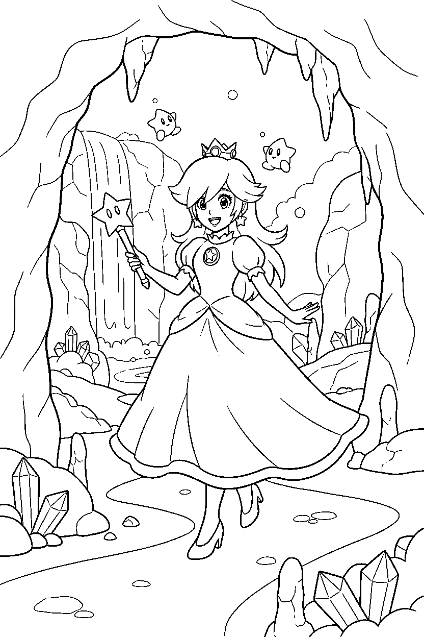 rosalina walking happily in a hidden cave line art