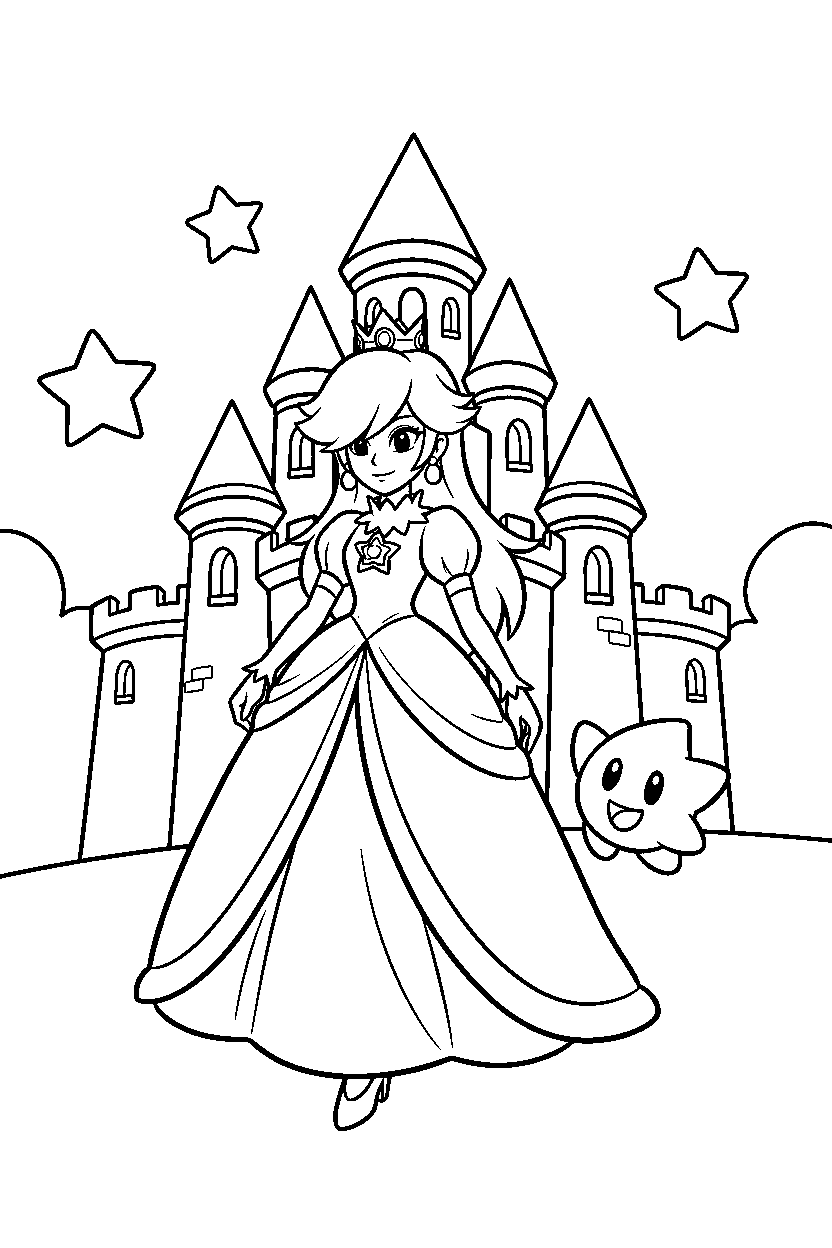 rosalina walking proudly near a fortress line art